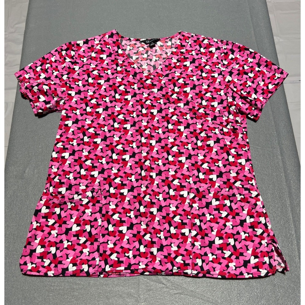 Zoe + Chloe Pink Heart Print V-Neck Scrub Top Z14202 Womens Medium Cotton